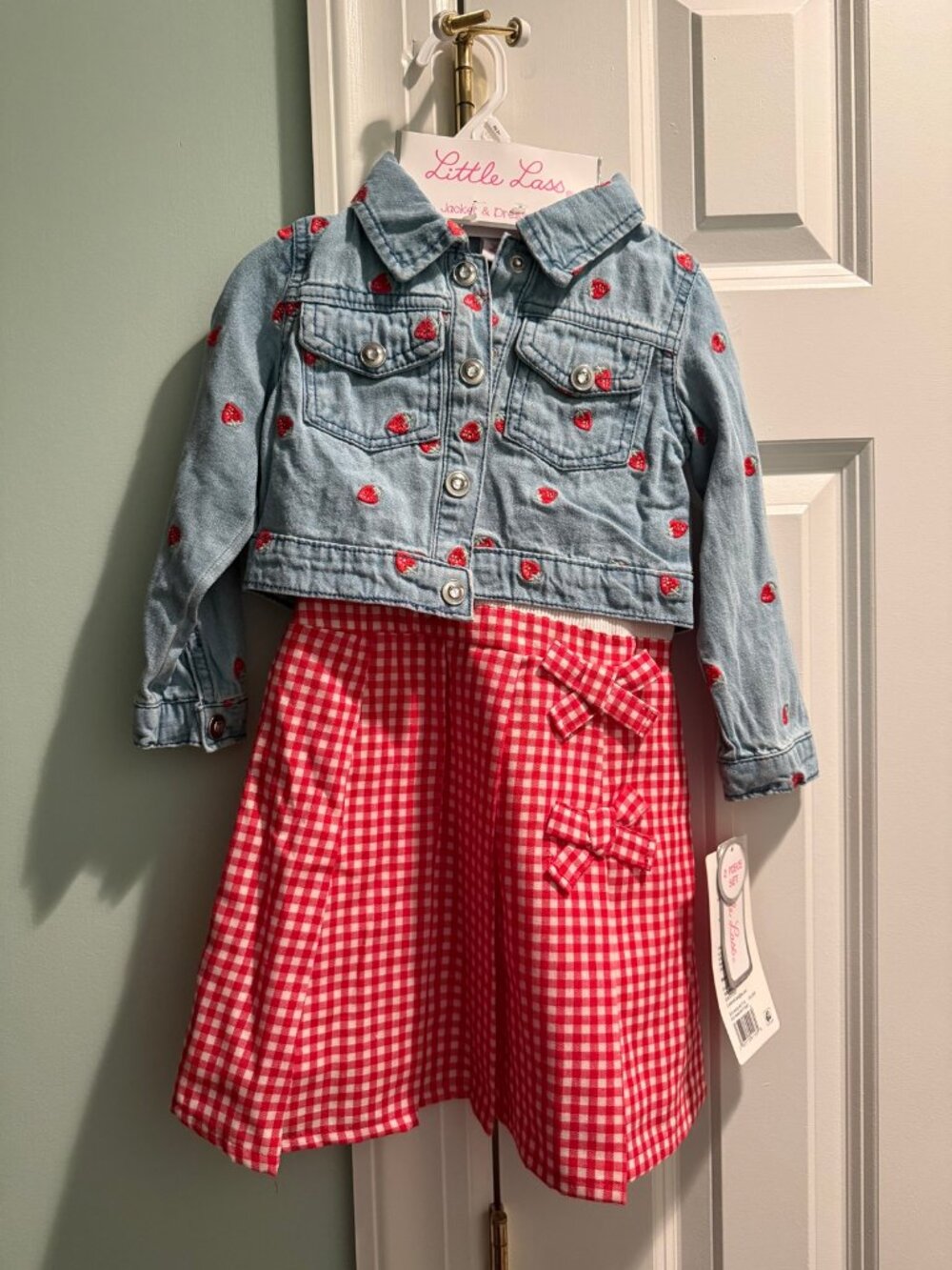 NWT Little Lass Strawberry Denim Jacket & Gingham Dress Set - Girls 2T